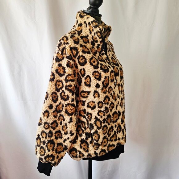 πLike Newπ Express Animal Print Half-Zip Teddy Jacket, Tan/Brown/Black Size XS - Picture 4 of 7